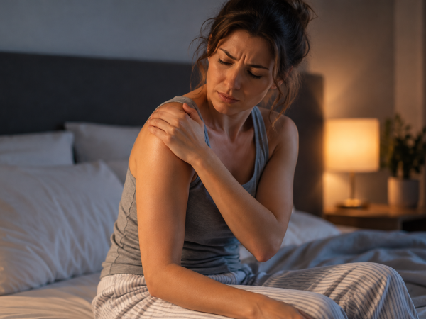 Persona con dolor de hombro al dormir y molestias nocturnas